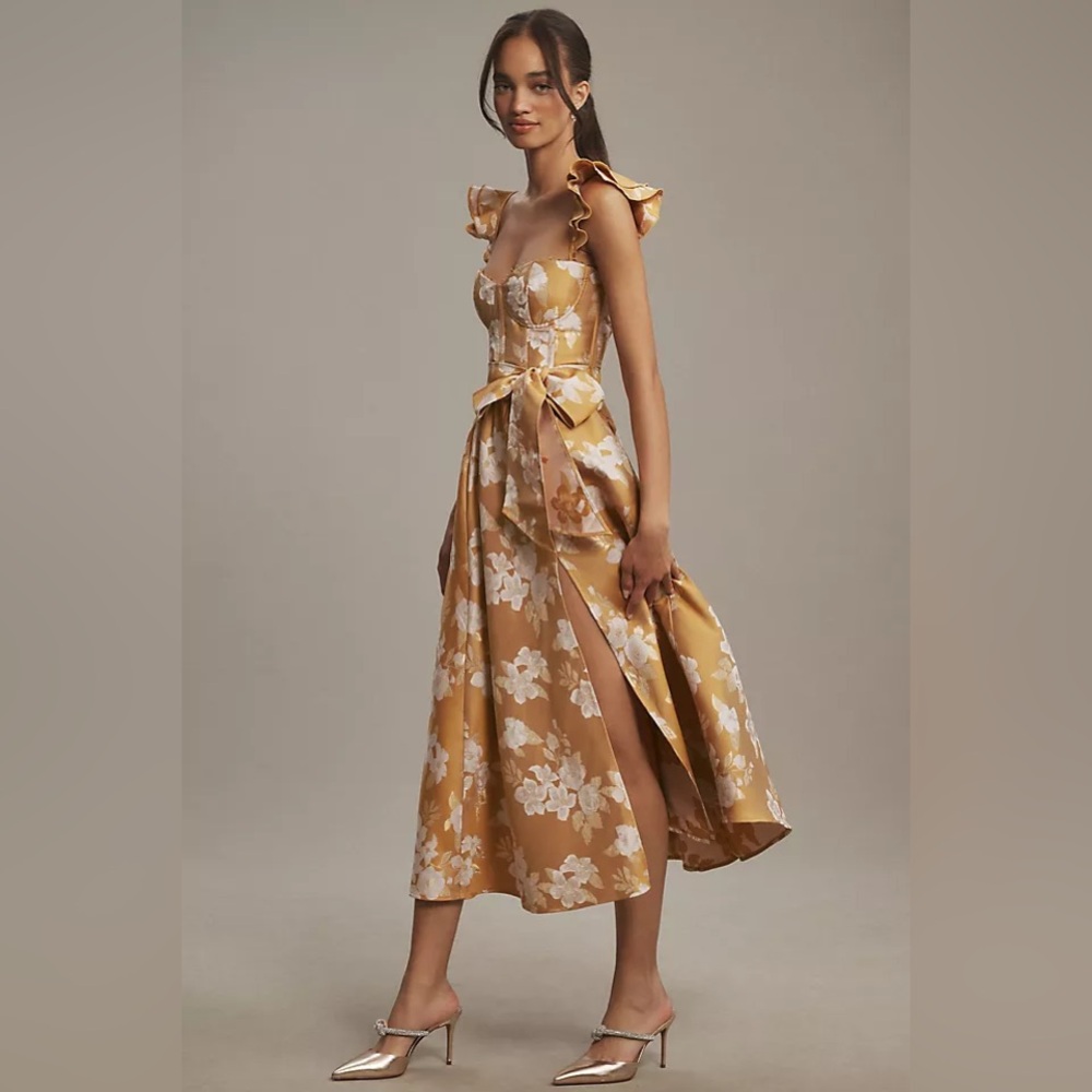 V. Chapman Vera Ruffle-Strap Corset Side-Slit Midi Dress - Gold Baroque - Picture 2 of 7